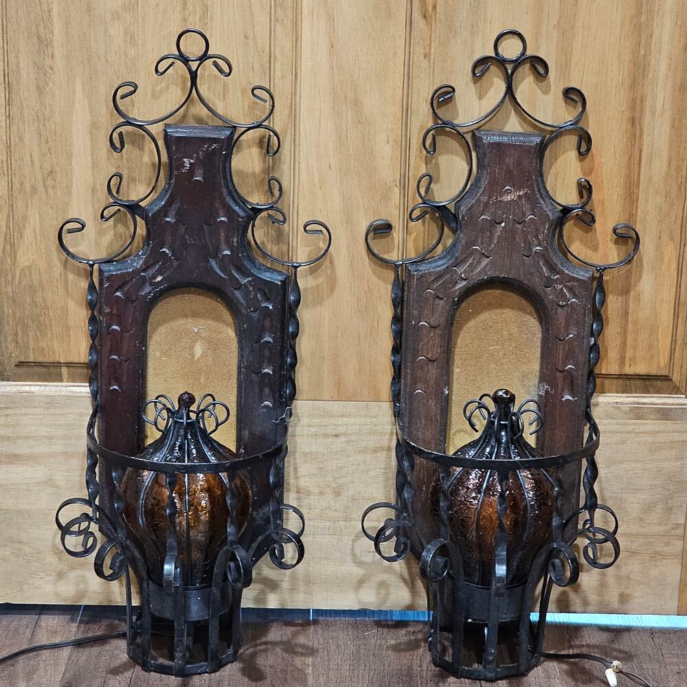 Vintage Spanish Revival Wrought Iron Wall Lamp Set Gothic Amber Glass Sconces